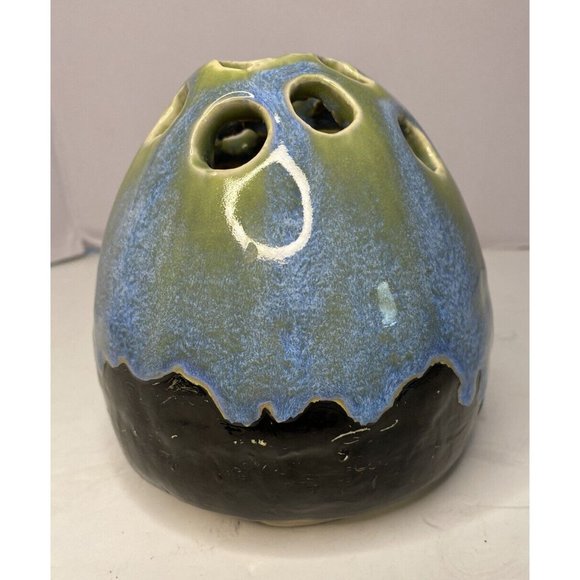 Handmade Art Pottery Drip Glaze Flower Frog Bud Vase Artist Signed Primitive - Picture 3 of 10